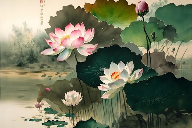 Een schilderij van lotusbloemen in een vijver met de woorden lotus erop.