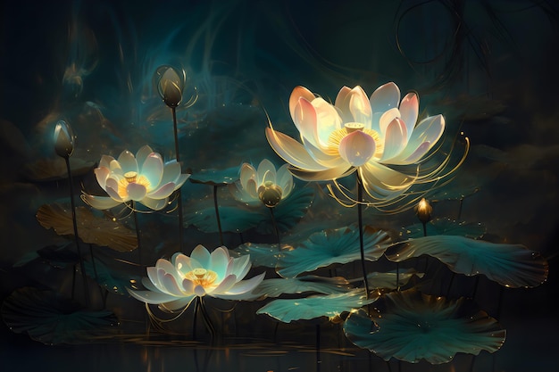 Een schilderij van lotusbloemen in het donker