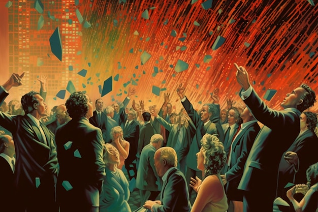 Foto een schilderij van mensen die feestvieren met confetti in de lucht.
