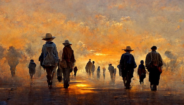 Een schilderij van mensen die in een zonsondergang lopen