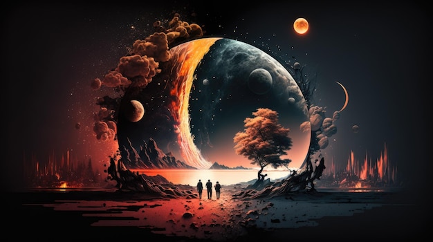 Een schilderij van mensen die op een pad lopen met de maan op de achtergrond.