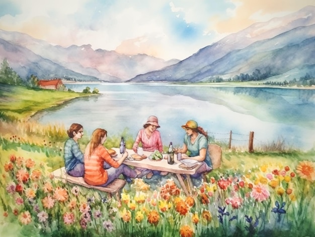 Een schilderij van mensen die picknicken in een bloemenveld