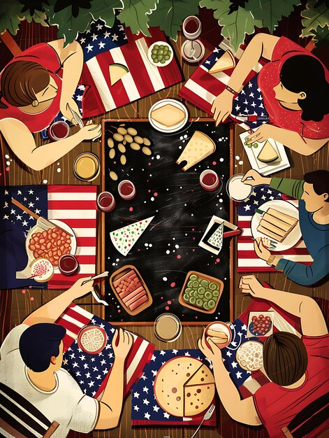 een schilderij van mensen die rond een tafel zitten met een foto van een tafel met een vlag en een foto van p