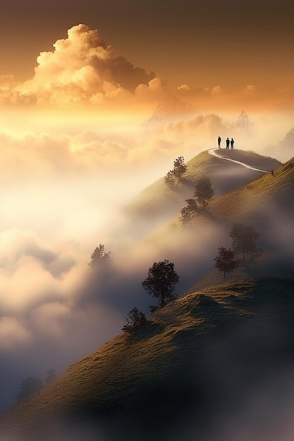 Een schilderij van mensen op een bergtop met de zon die door de wolken schijnt.