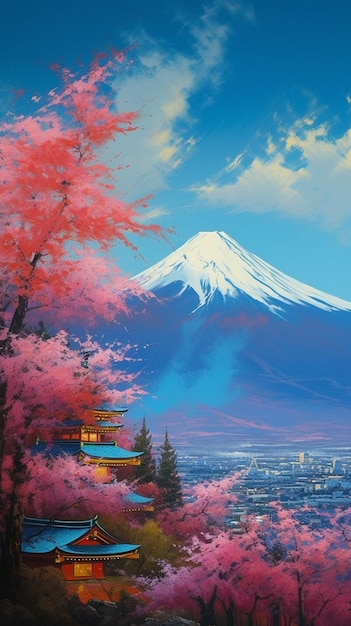 Een schilderij van Mount Fuji met een berg op de achtergrond.