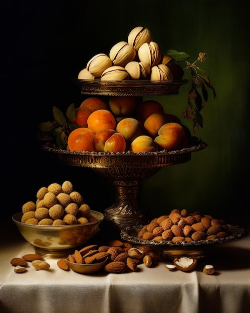 Een schilderij van noten en abrikozen op een tafel