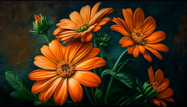 Een schilderij van oranje bloemen met groene bladeren aan de onderkant