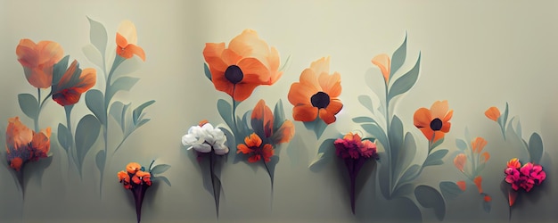 Een schilderij van oranje en witte bloemen op een muur generatieve AI