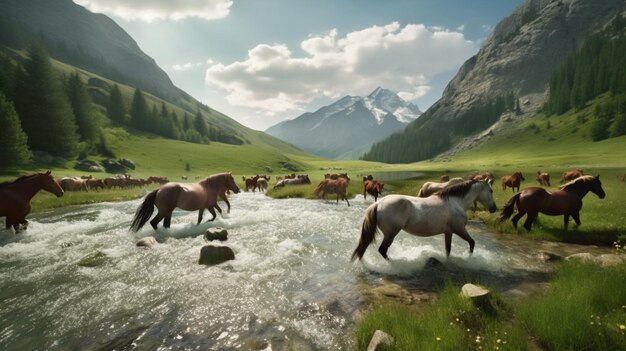 Een schilderij van paarden in een bergdal