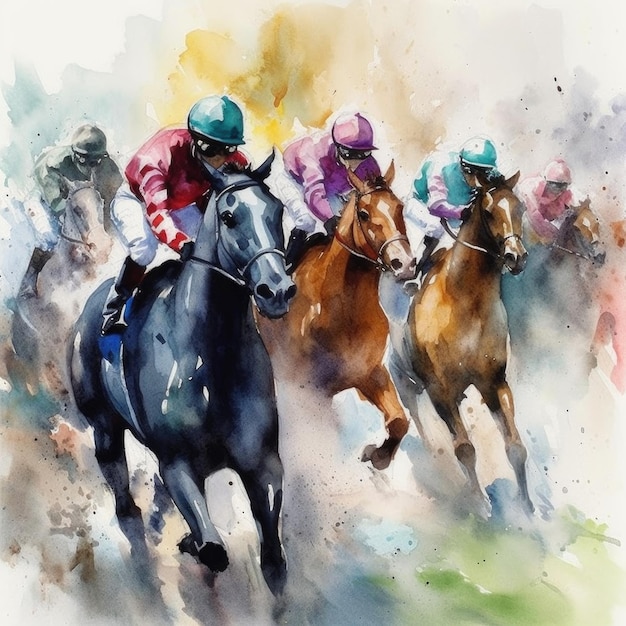 Een schilderij van paarden met jockeys erop