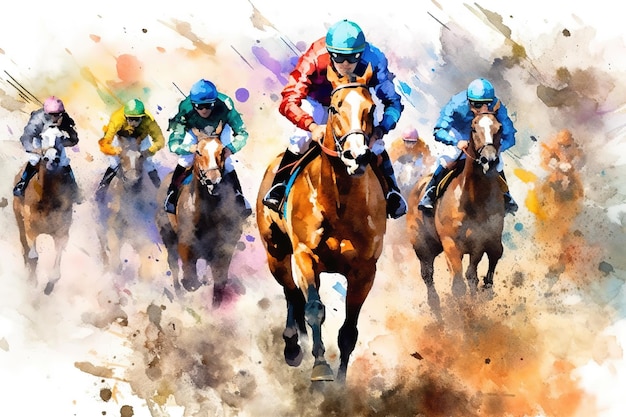 Een schilderij van paardenraces met jockeys op hun rug.