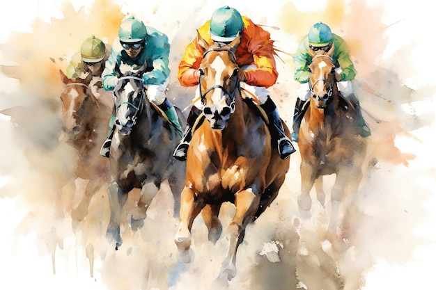 Een schilderij van paardenraces met jockeys op hun rug.