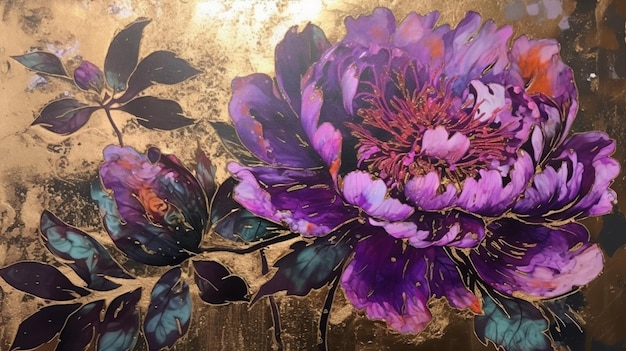 Een schilderij van paarse bloemen met paarse bladeren op een gouden achtergrond.