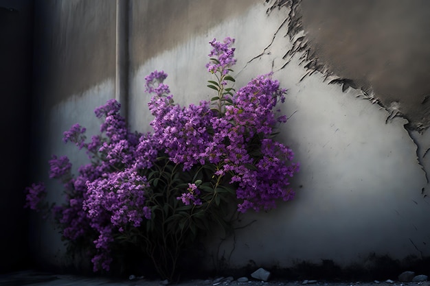 Een schilderij van paarse bloemen op een muur