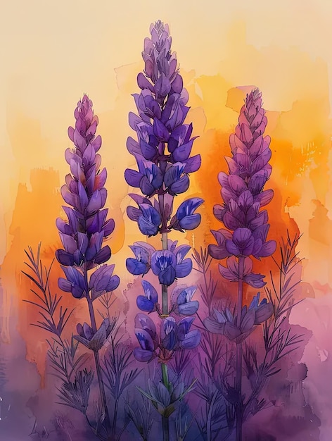 Een schilderij van paarse bloemen voor een oranje hemel