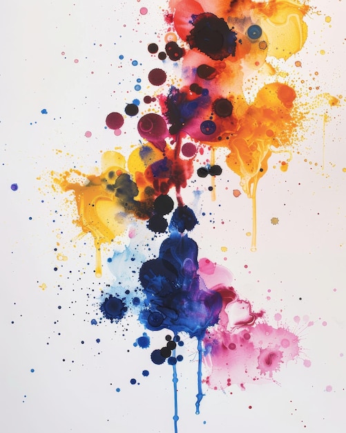 een schilderij van paarse en gele water spetteren en een spetter van paarse verf