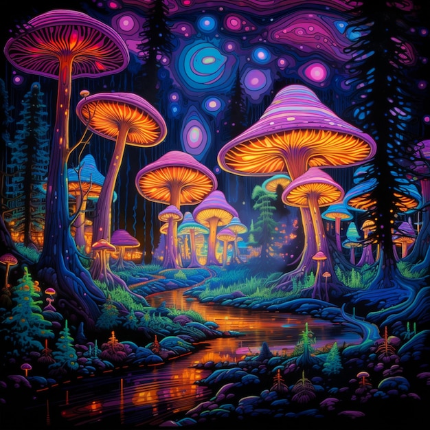 een schilderij van paddenstoelen en bomen met een rivier en een bos op de achtergrond.