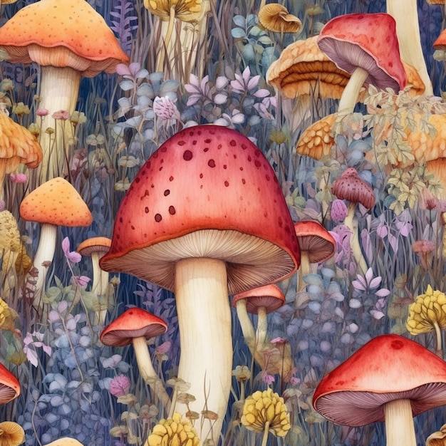 Een schilderij van paddenstoelen in een bloemenveld