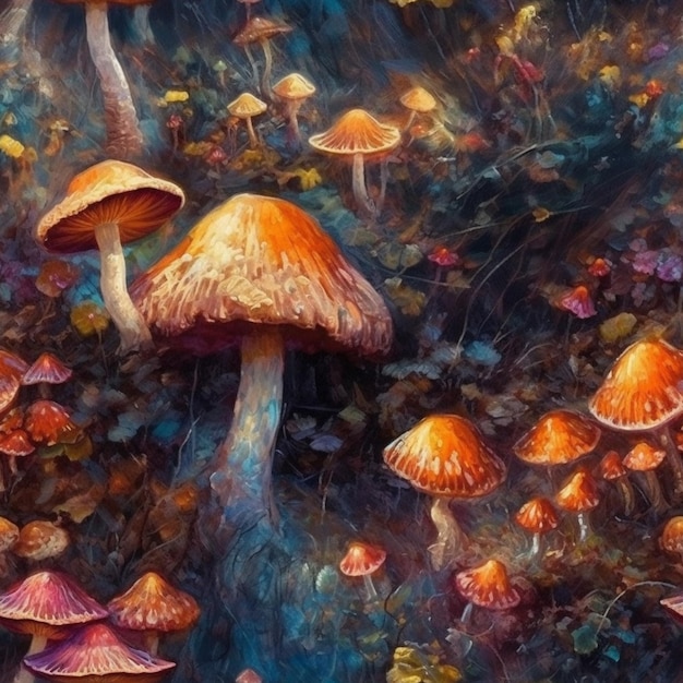 Een schilderij van paddenstoelen in een bos met de woorden 'mushroom' erop