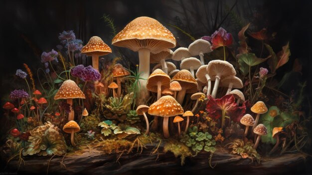 Een schilderij van paddenstoelen in een bos met een donkere achtergrond.