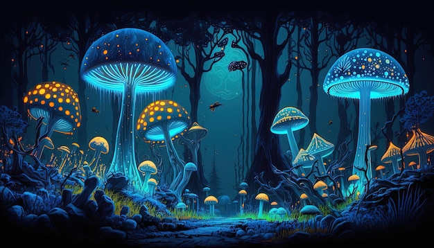 Een schilderij van paddenstoelen in een donker bos.