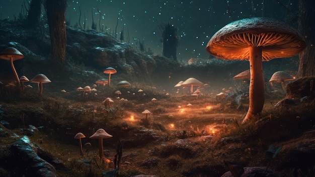 Een schilderij van paddenstoelen in een donker landschap