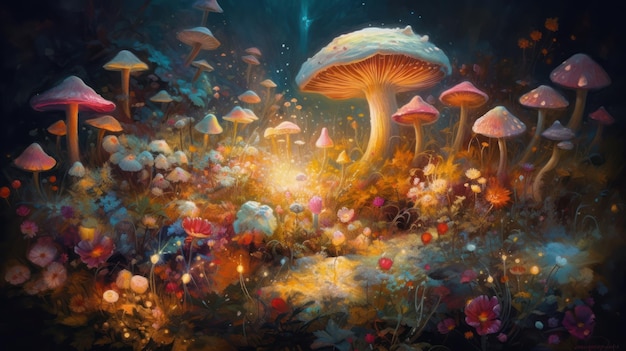 Een schilderij van paddenstoelen in het bos