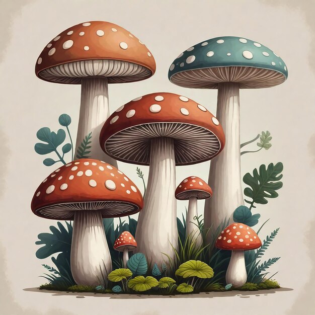 een schilderij van paddenstoelen met een groene bladplant op de achtergrond