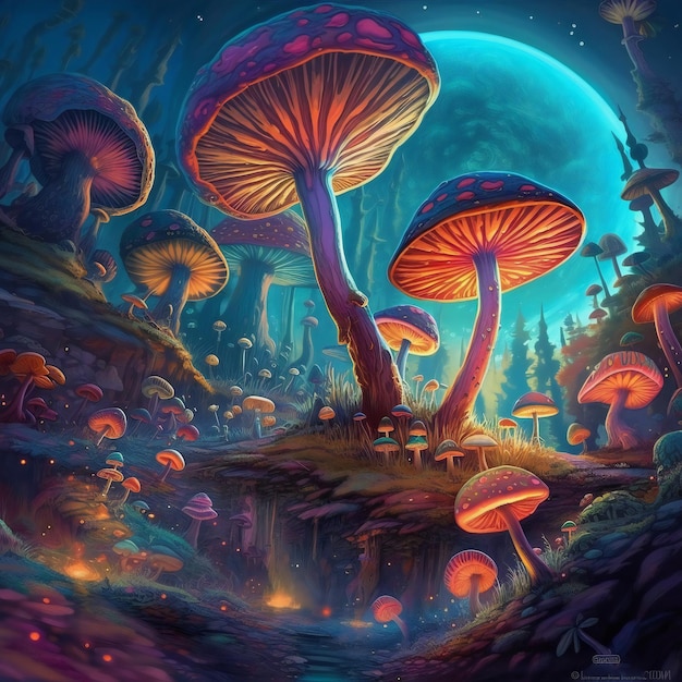 Een schilderij van paddenstoelen met een maan op de achtergrond.