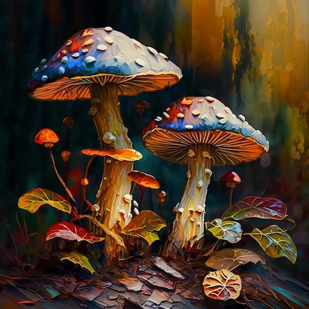 Een schilderij van paddenstoelen met het woord paddenstoel erop