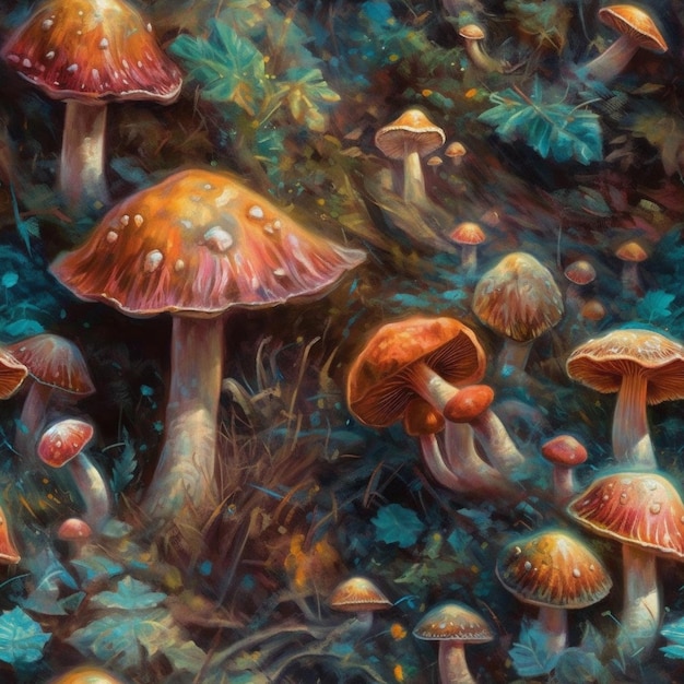 Een schilderij van paddenstoelen met onderaan het woord paddenstoel.