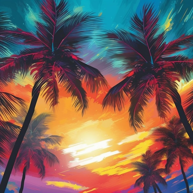 Een schilderij van palmbomen bij zonsondergang met een kleurrijke hemel generatieve ai