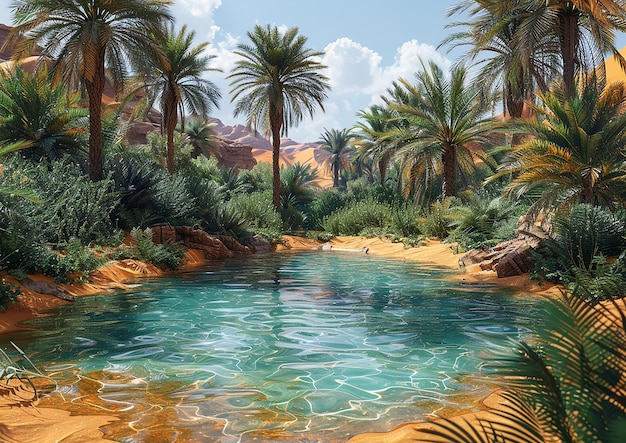 een schilderij van palmbomen en een rivier met palmbomen op de achtergrond