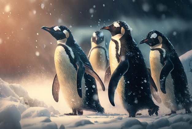 Een schilderij van pinguïns die in de sneeuw lopen