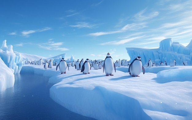 Foto een schilderij van pinguïns in de sneeuw met een ijsberg op de achtergrond