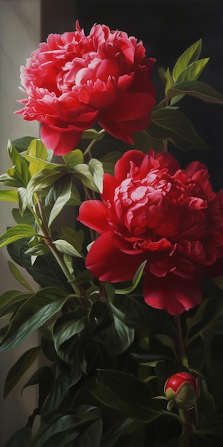 Een schilderij van pioenen met groene bladeren en het woord peony op de bodem.