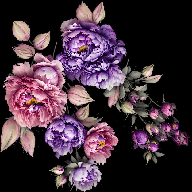 Een schilderij van pioenrozen met paarse en roze bloemen.