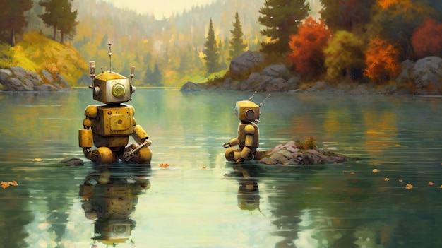 Een schilderij van robots in het water door de mens.