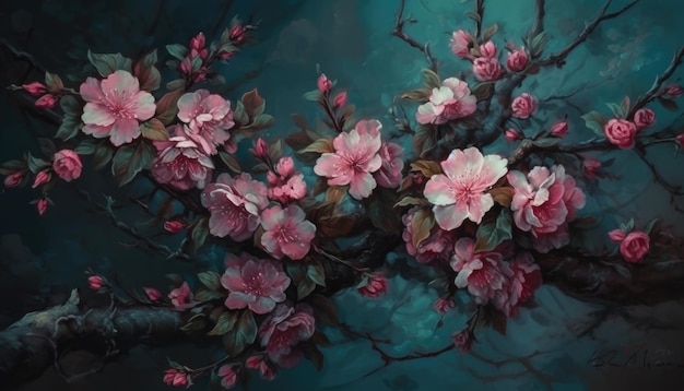Een schilderij van roze bloemen op boomtakken Generatieve Ai