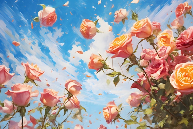 Een schilderij van roze rozen met de lucht op de achtergrond.
