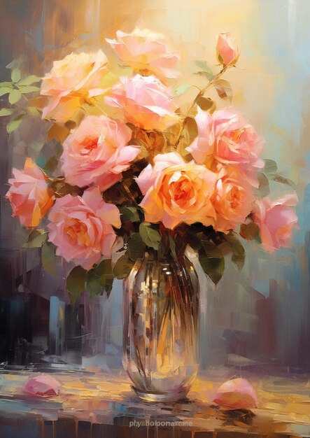 een schilderij van rozen in een vaas met aquarellen.