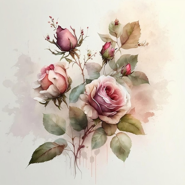 Een schilderij van rozen met groene bladeren en roze bloemen.