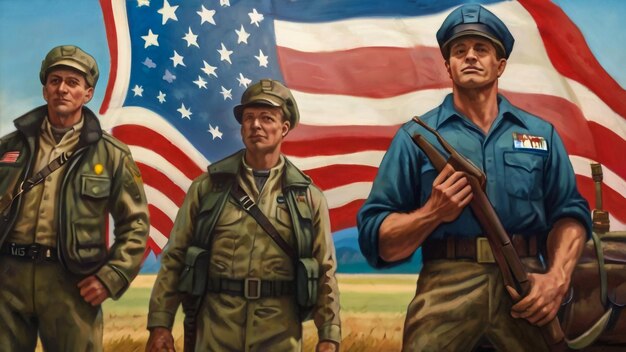 een schilderij van soldaten met de Amerikaanse vlag op de achtergrond