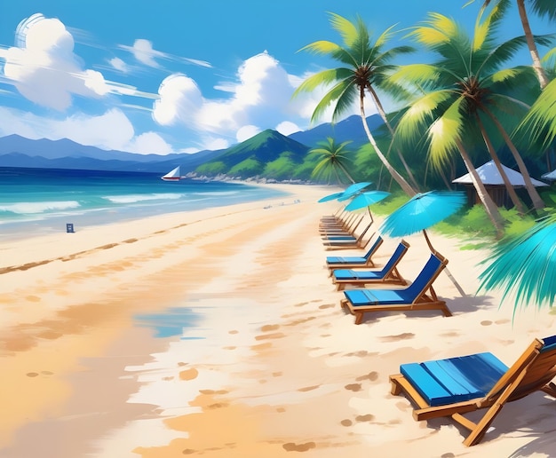 Foto een schilderij van strandstoelen en palmbomen op een strand
