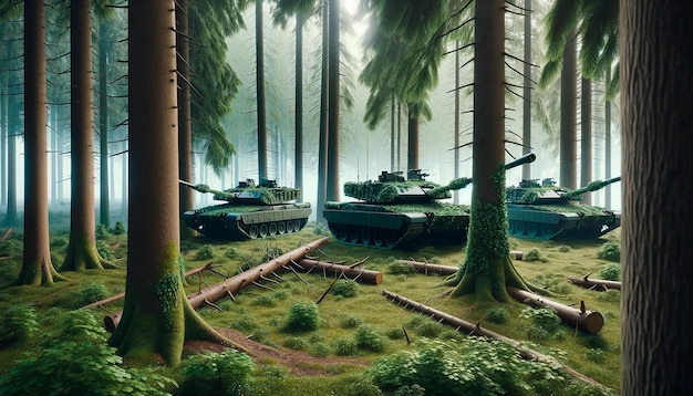 een schilderij van tanks in een bos met bomen op de achtergrond