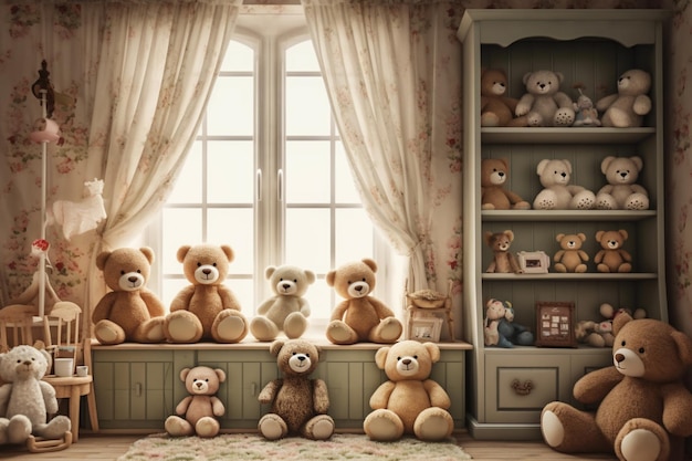 Een schilderij van teddyberen in een raam met daarachter een raam.