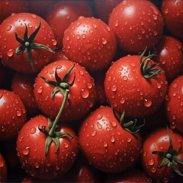 Een schilderij van tomaten met waterdruppels erop