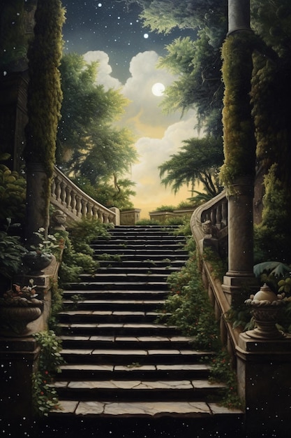 Een schilderij van trappen met de maan op de achtergrond