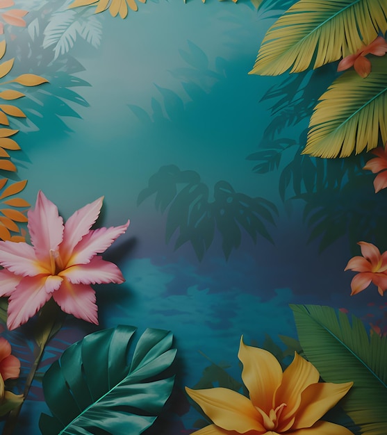 Een schilderij van tropische planten en bloemen met bladeren en water.