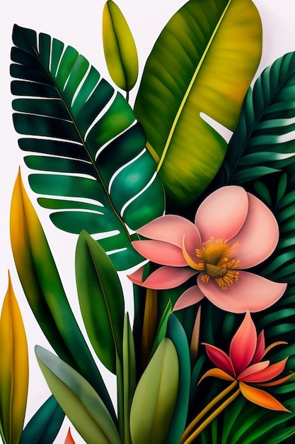 Een schilderij van tropische planten en bloemen met een roze bloem.